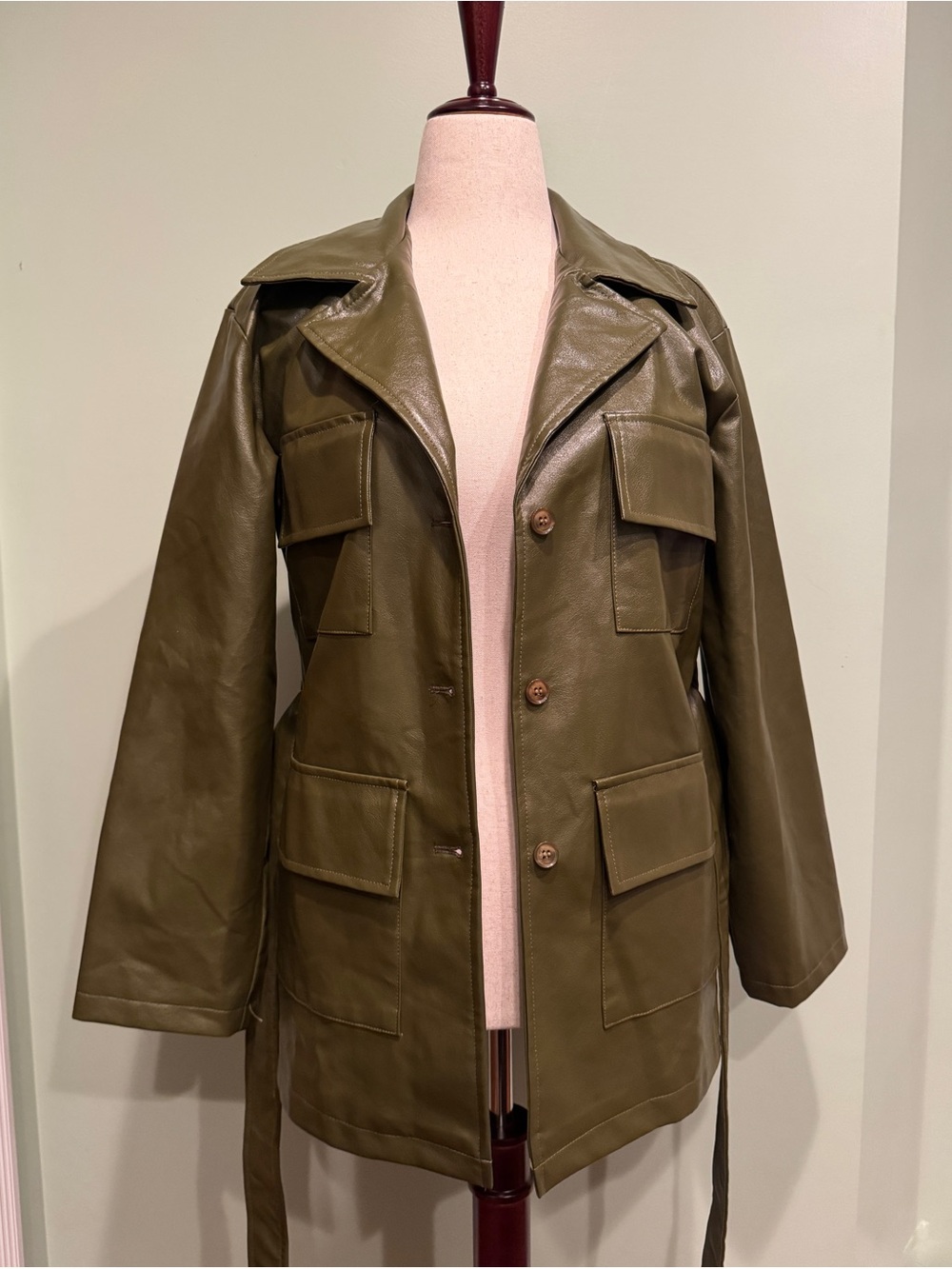 NWT 12th Tribe Salty In The City Olive Faux Leather Belted Utility Jacket S